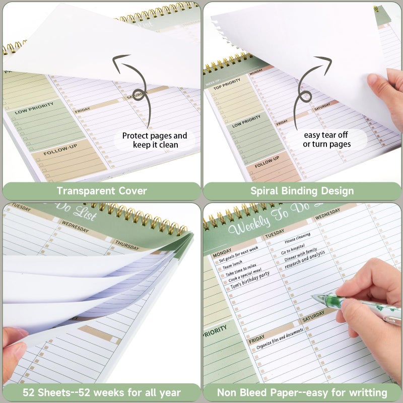 مفكرة قائمة المهام الأسبوعية، مقاس 8.5 × 11 بوصة، مخطط مكتبي أسبوعي مع 52 ورقة قابلة للتمزيق، مخطط أسبوعي غير مؤرخ، متتبع للعادات ومنظم للإنتاجية للمنزل والمدرسة والعمل، أخضر فاتح - Image 3